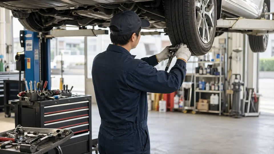 整備工場で工具を使って作業する整備士